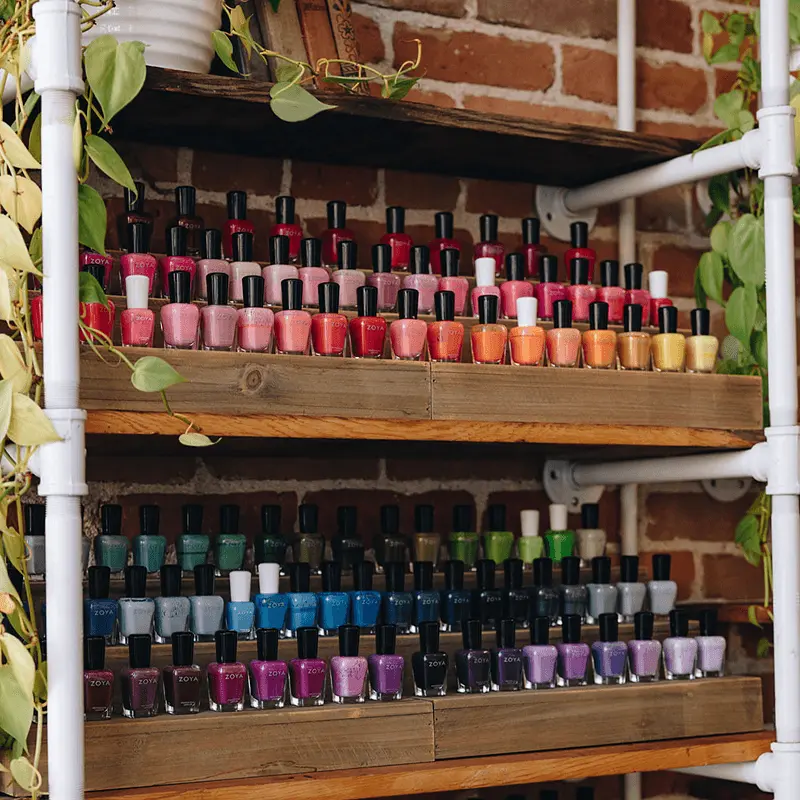 Industrial shelf featuring zoya nail polish