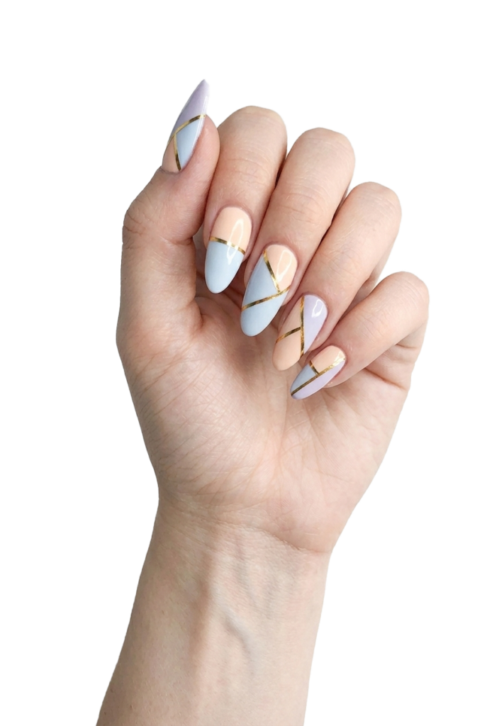Pastel geometric gel x nail extensions with nail art and gold accents